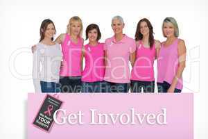 Composite image of smiling women posing with pink tops for breas