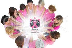 Composite image of cheerful women joined in a circle wearing pin
