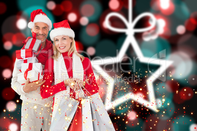 Composite image of happy festive couple with gifts and bags