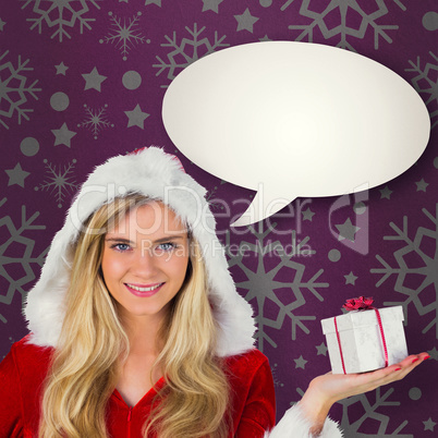 Composite image of pretty girl in santa outfit holding gift