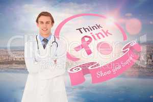 Doctor with breast cancer awareness message