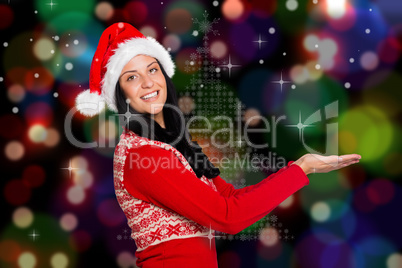 Composite image of woman holding out her hands