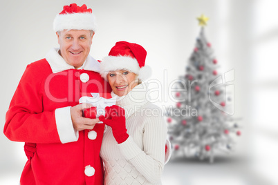 Composite image of festive mature couple holding gift