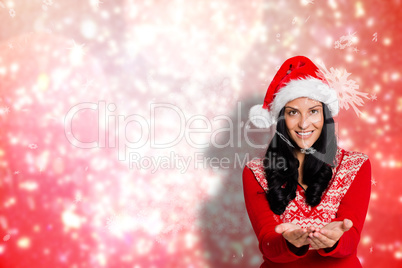 Composite image of woman holding out her hands