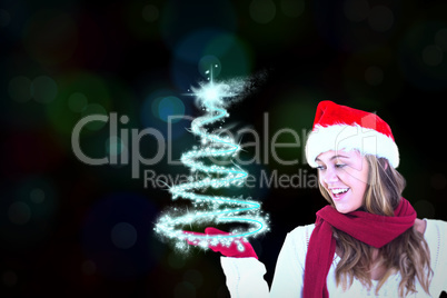 Composite image of festive blonde presenting with hand