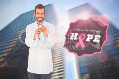 Doctor with breast cancer awareness message