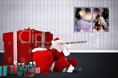 Composite image of santa looking through a telescope