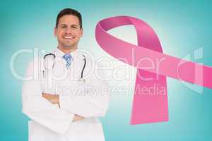 Doctor with breast cancer awareness message