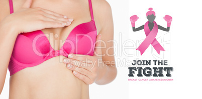 Composite image of woman performing self breast examination