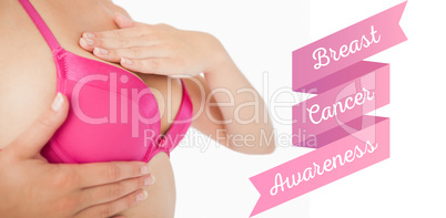 Composite image of closeup of woman performing self breast exami