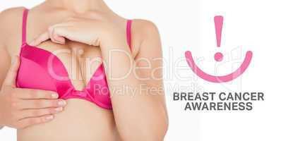 Composite image of closeup of woman performing self breast exami