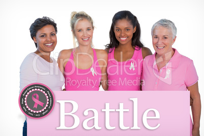 Composite image of smiling women wearing pink tops and breast ca