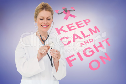 Composite image of blonde doctor listening with stethoscope