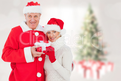 Composite image of festive mature couple holding gift