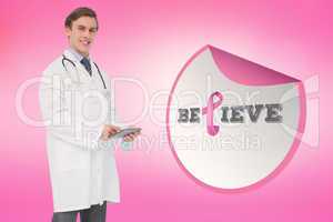 Doctor with breast cancer awareness message