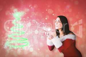 Composite image of pretty girl in santa outfit blowing