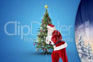 Composite image of santa claus pulling rope