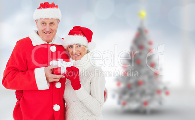 Composite image of festive mature couple holding gift Composite image of festive mature couple holding gift