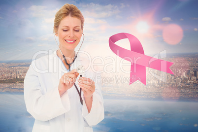 Doctor with breast cancer awareness message