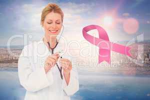 Doctor with breast cancer awareness message