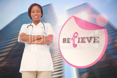 Doctor with breast cancer awareness message