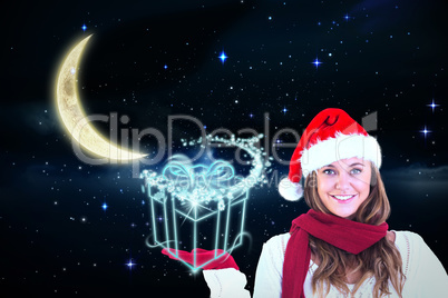 Composite image of festive blonde presenting with hand