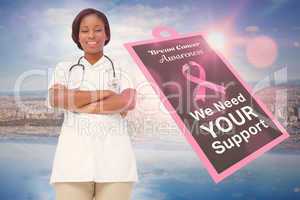 Doctor with breast cancer awareness message