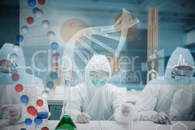 Composite image of scientists working in the lab with futuristic