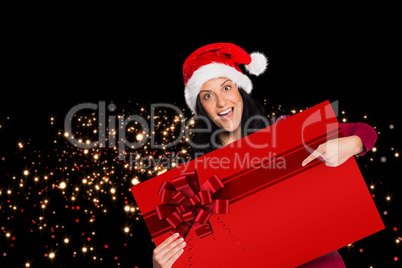 Woman pointing at sign with red christmas ribbon