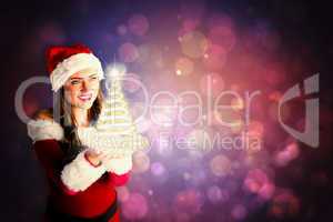 Composite image of pretty girl in santa costume holding hand out