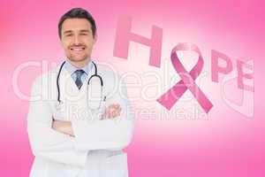 Doctor with breast cancer awareness message