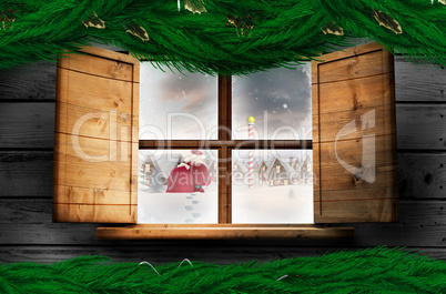 Composite image of santa delivery presents to village