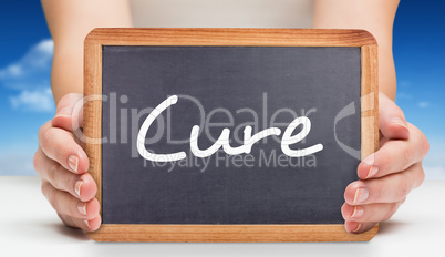 Composite image of females hands showing black board