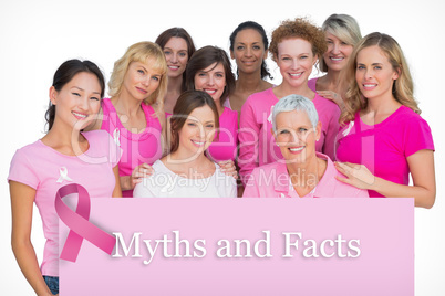 Composite image of voluntary cheerful women posing and wearing p