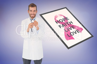 Composite image of handsome doctor listening with stethoscope