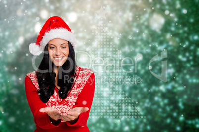 Composite image of woman holding out her hands