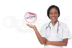 Doctor with breast cancer awareness message