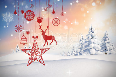 Composite image of hanging red christmas decorations