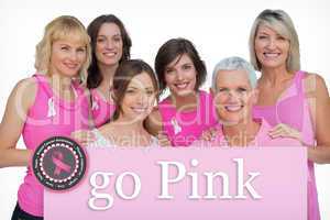 Composite image of smiling women posing and wearing pink for bre