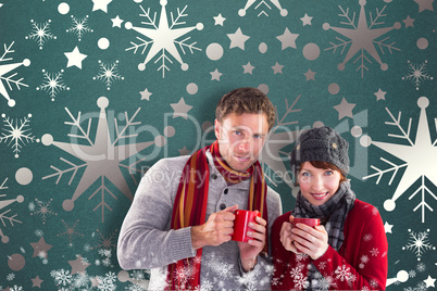 Composite image of couple both having warm drinks