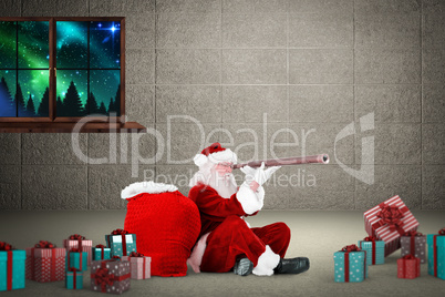 Composite image of santa looking through a telescope