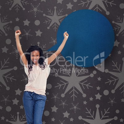 Composite image of a young happy woman stands with her hands in