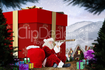 Composite image of santa looking through a telescope