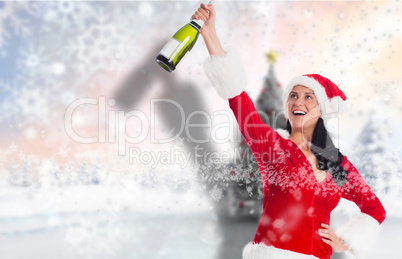 Composite image of woman smiling with christmas presents