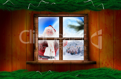 Composite image of santa delivery presents to village