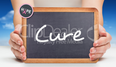 Composite image of females hands showing black board Composite image of females hands showing black board