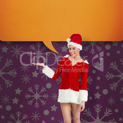 Composite image of pretty santa girl presenting with hand