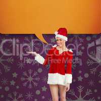 Composite image of pretty santa girl presenting with hand