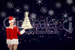 Composite image of pretty santa girl presenting with hand