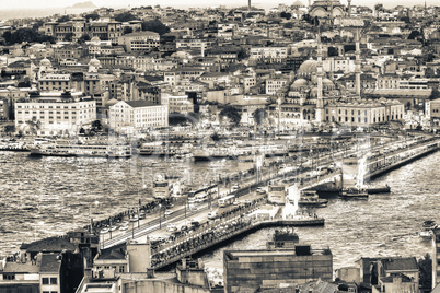 Aerial view of Galata Bridge at dusk, Istanbul, Turkey